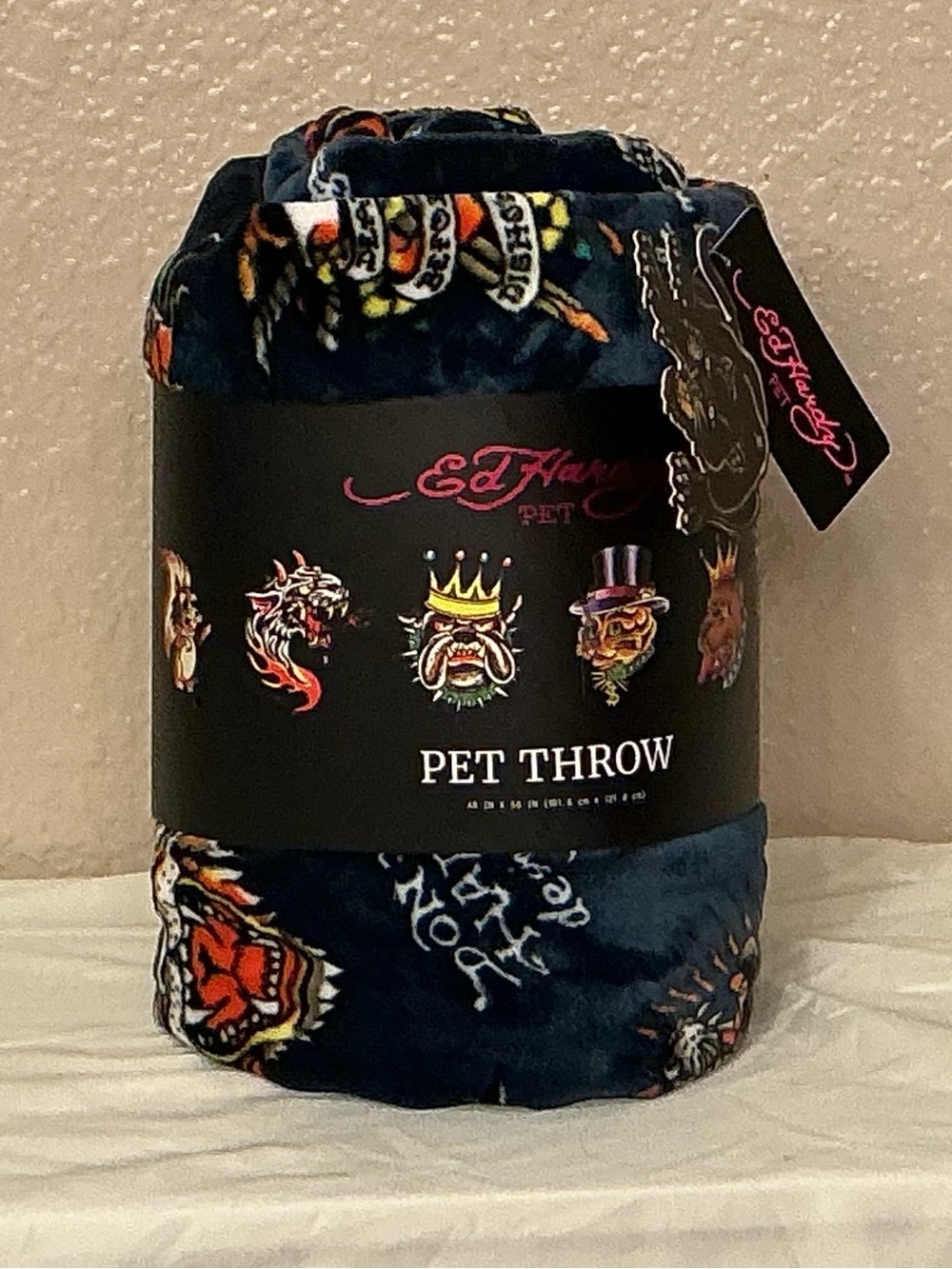 Ed Hardy Dark Blue Blue Pet Throw with Multicolor Tattoo Motifs